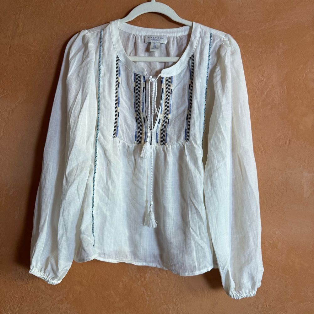 Calypso St Barth Embroidered Boho Blouse White Tassel Top Size M